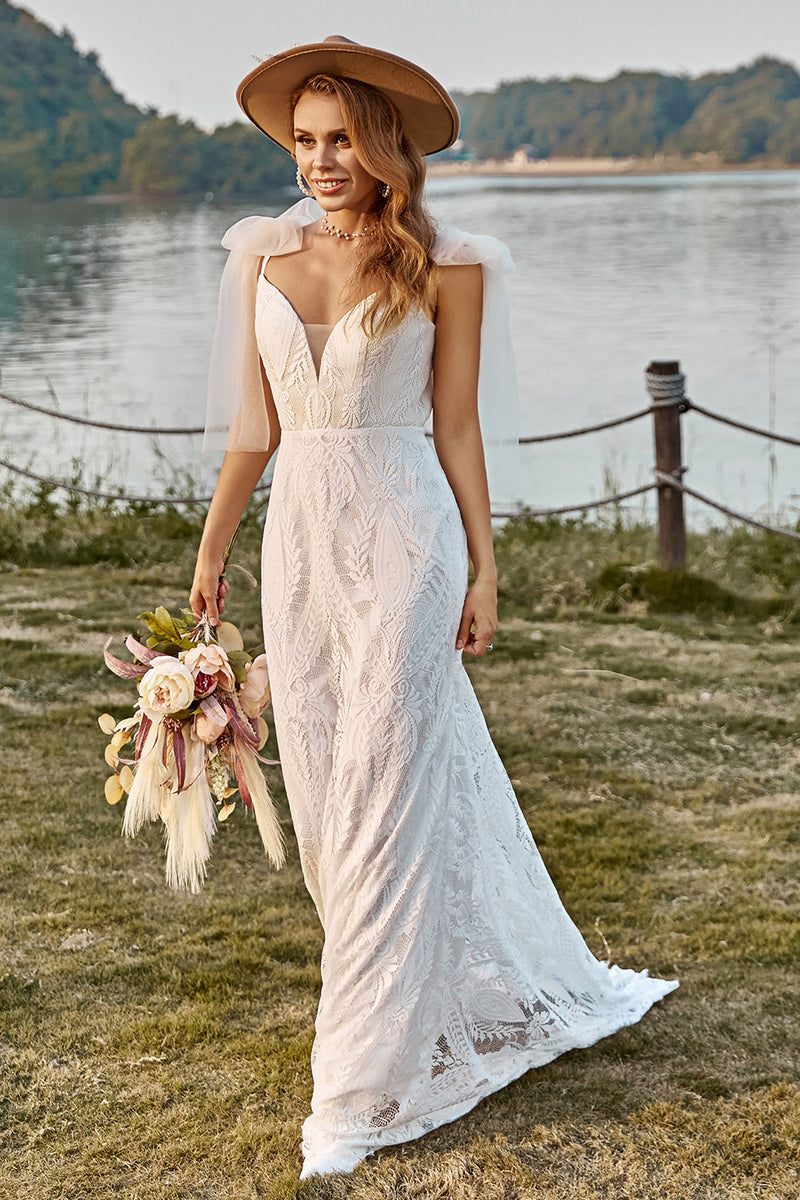 Load image into Gallery viewer, Ivory Mermaid Lace Sweep Train Boho Wedding Dress With Bowknots