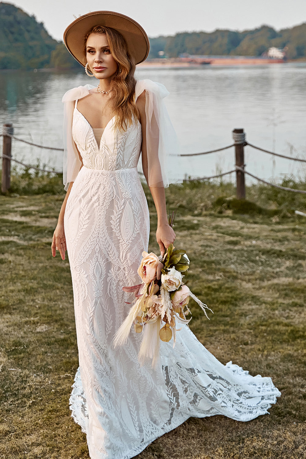 Zapaka Women Boho Wedding Dress Ivory Mermaid Lace Sweep Train Beach Bridal Dress With Bowknots – ZAPAKA UK