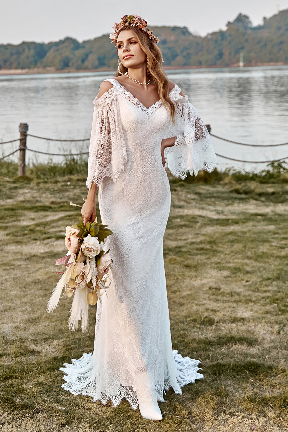 Lace Boho Mermaid Backless Cap Sleeve Bohemian Wedding Dresses ,MW265
