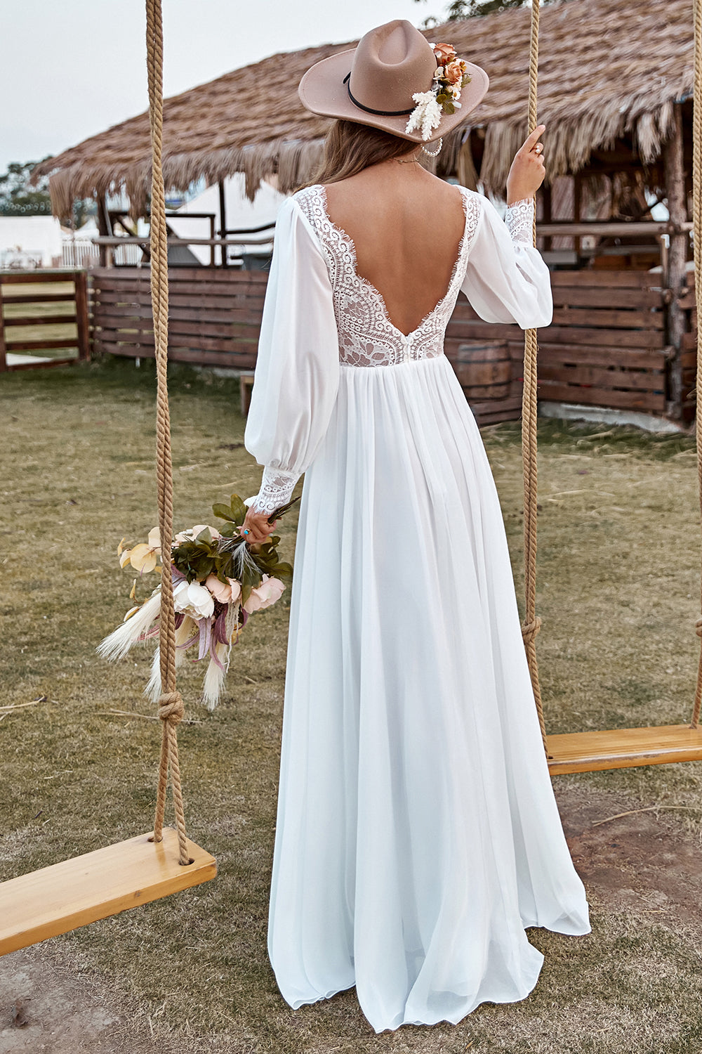 Zapaka Women Boho Wedding Dress Ivory Lace Chiffon V-Neck Long Sleeve Bridal Dress ZAPAKA UK Zapaka Women Boho Wedding Dress Ivory Lace Chiffon V-Neck Long Sleeve Bridal Dress ZAPAKA UK