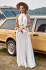 Load image into Gallery viewer, Ivory Lace Chiffon Halter Boho Wedding Dress With Slit