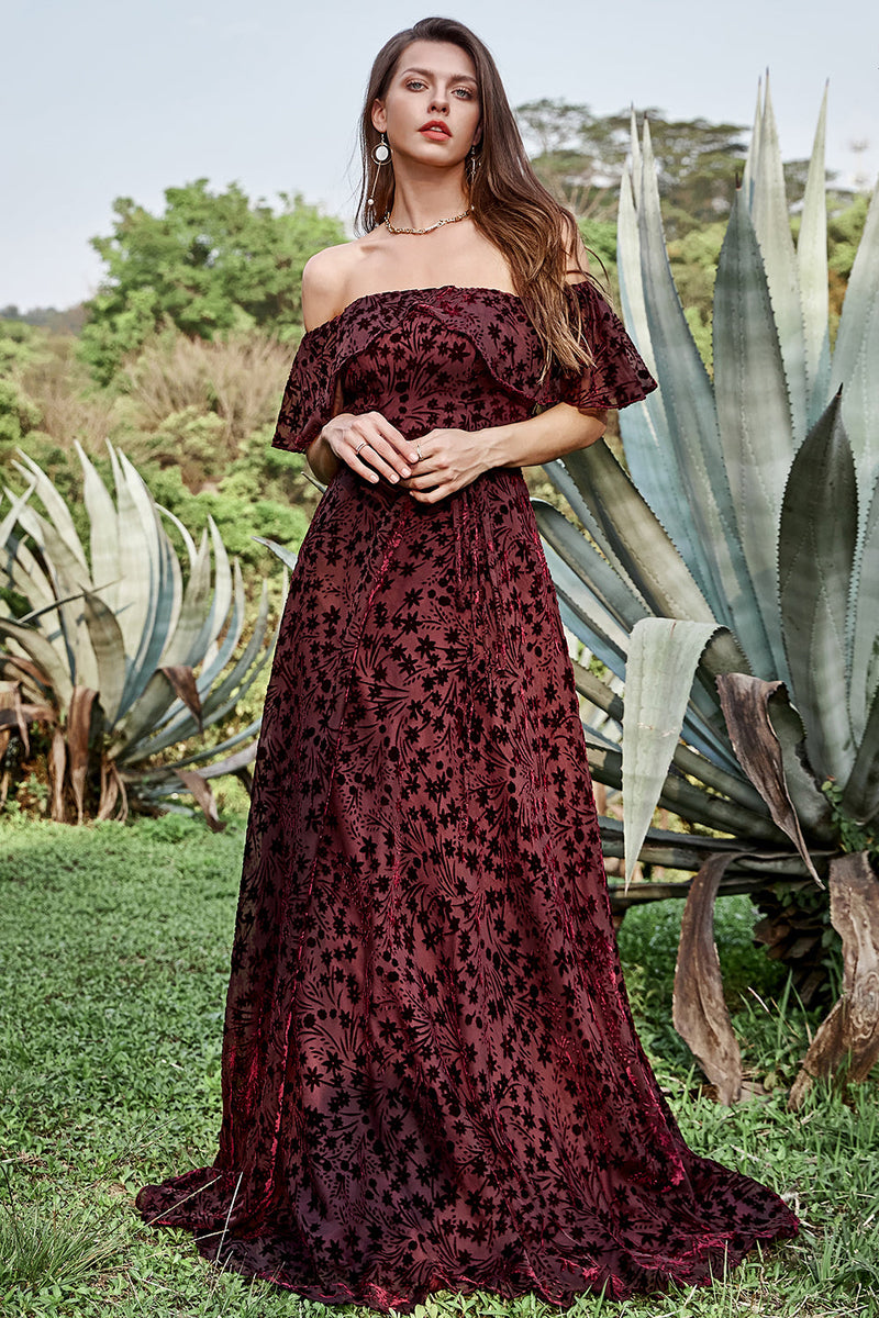Load image into Gallery viewer, A Line Off the Shoulder Burgundy Long Prom Dress with Belt