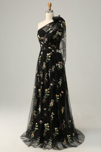 A-Line One Shoulder Black Long Prom Dress With Embroidery