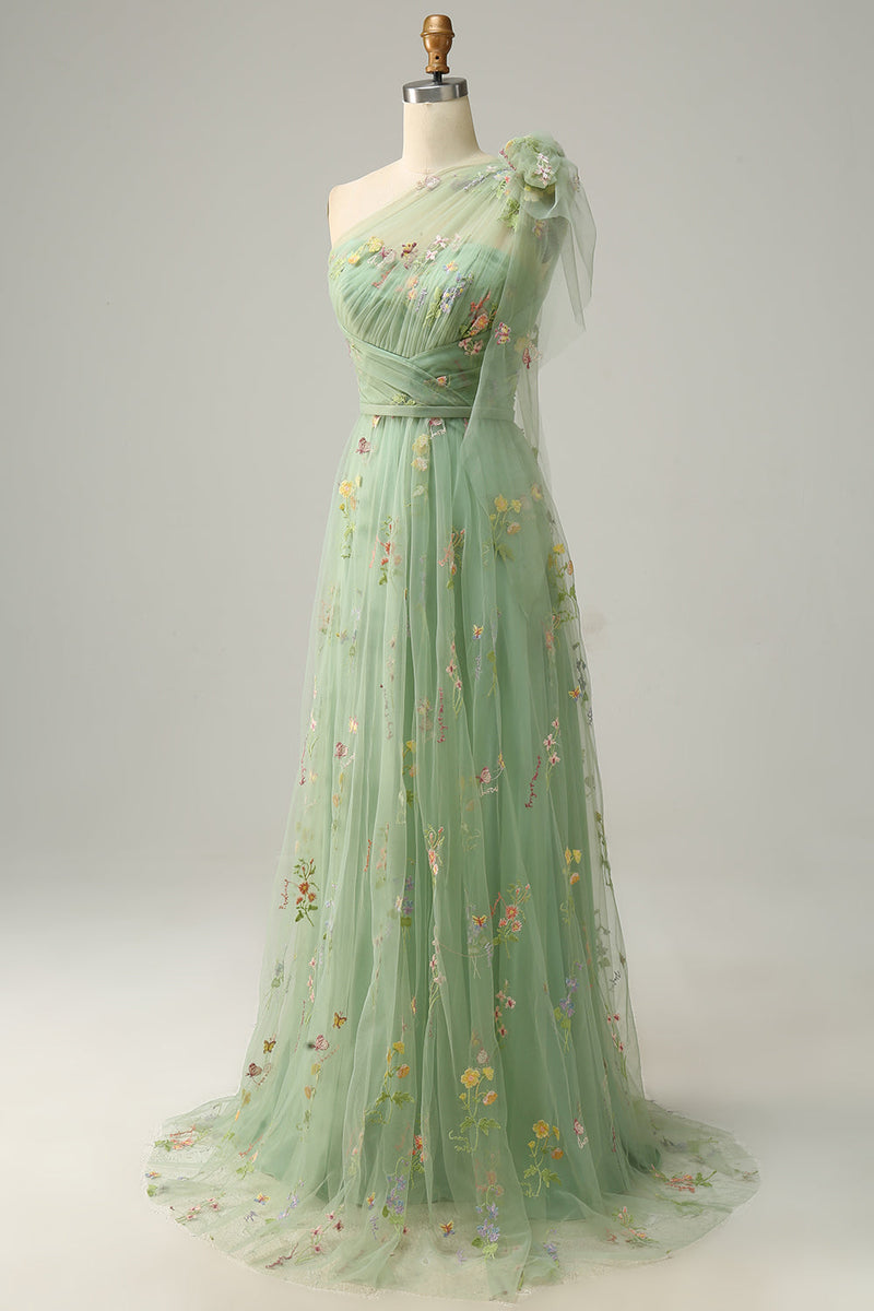 Load image into Gallery viewer, A-Line One Shoulder Green Long Prom Dress With Embroidery
