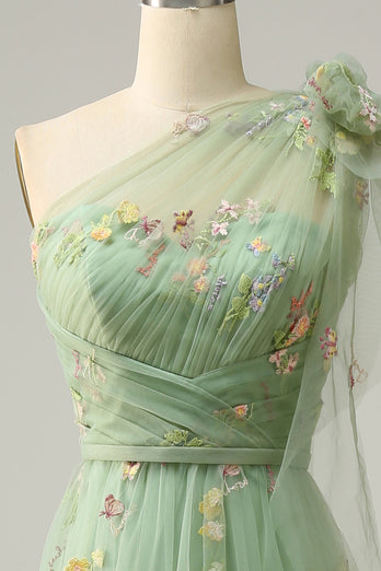 A-Line One Shoulder Green Long Prom Dress With Embroidery