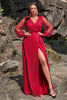 Load image into Gallery viewer, A Line V Neck Dark Red Plus Size Prom Dress with Split Front
