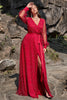 Load image into Gallery viewer, A Line V Neck Dark Red Plus Size Prom Dress with Split Front