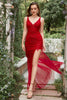 Load image into Gallery viewer, Asymmetrical High Low V Neck Red Plus Size Prom Dress with Embroidery