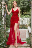 Asymmetrical High Low V Neck Red Plus Size Prom Dress with Embroidery