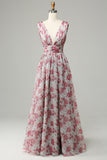 Grey and Pink Floral A Line Prom Dress