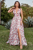 Load image into Gallery viewer, A Line Deep V Neck Grey and Pink Floral Long Prom Dress