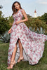 Load image into Gallery viewer, A Line Deep V Neck Grey and Pink Floral Long Prom Dress