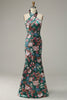 Load image into Gallery viewer, Flower Print Halter Satin Prom Dress