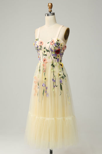 A Line Spaghetti Straps Champagne Tea Length Prom Dress with Appliques