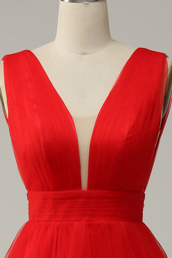 Red A Line Deep V Neck Midi Prom Dress with Open Back
