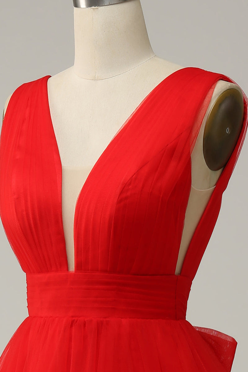 Load image into Gallery viewer, Red A Line Deep V Neck Midi Prom Dress with Open Back