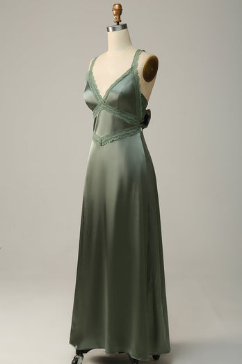 V-Neck Open Back Dusty Green Bridesmaid Dress with Lace