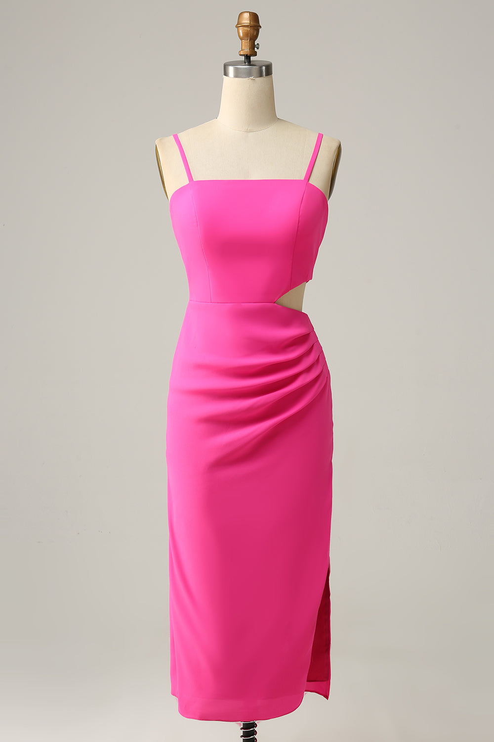 Spaghetti Straps Cut Out Hot Pink Bridesmaid Dress with Ruffles