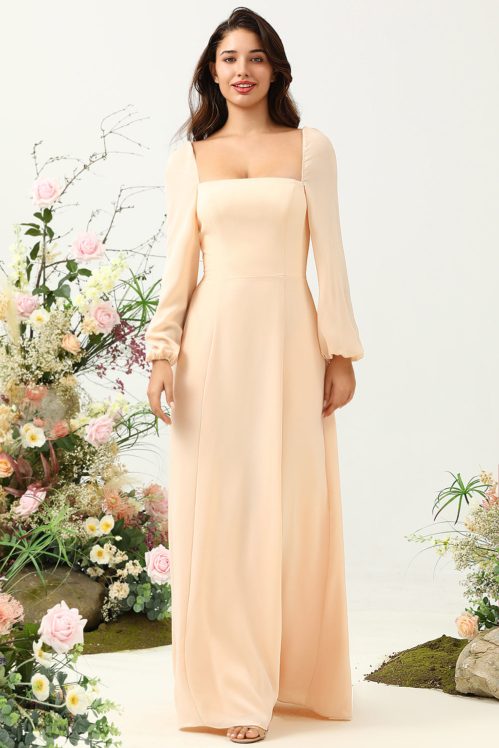 peach long sleeve bridesmaid dresses Elegant Peach Long Chiffon Bridesmaid Dresses With Lace Sleeves