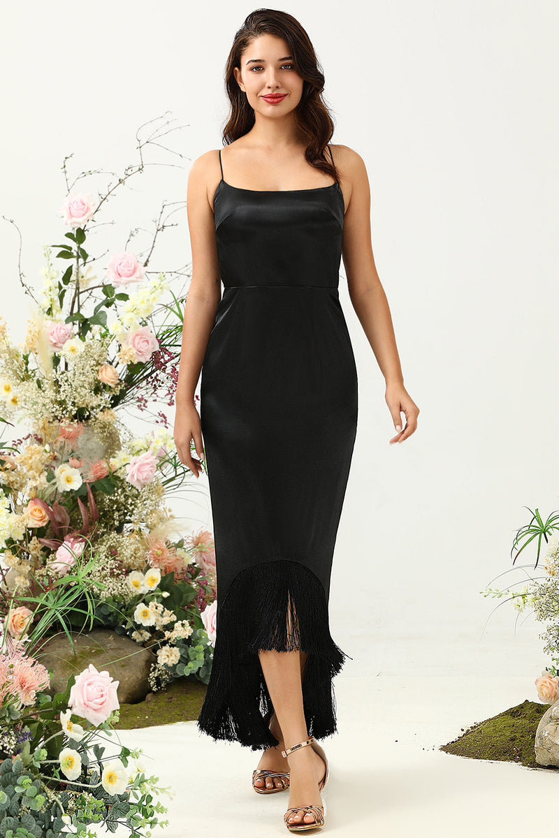 Load image into Gallery viewer, Sheath Spaghetti Straps Black Tea Length Prom Dress with Bowknot