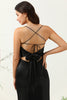 Load image into Gallery viewer, Sheath Spaghetti Straps Black Tea Length Prom Dress with Bowknot