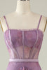 Load image into Gallery viewer, Purple Printed A Line Corset Prom Dress
