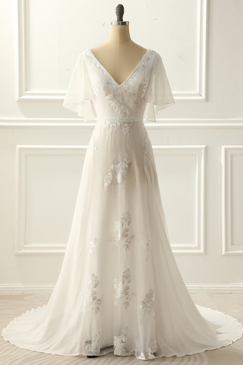 Load image into Gallery viewer, Ivory V Neck A Line Long Wedding Dress With Appliques