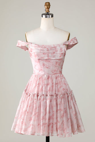 A Line Cute Blush Printed Short Prom Dress with Ruffles