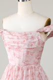 A Line Cute Blush Printed Short Prom Dress with Ruffles