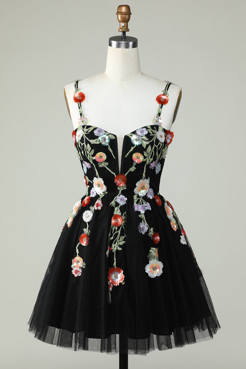 Load image into Gallery viewer, Spaghetti Straps Black A Line Sequin Flowers Homecoming Dress