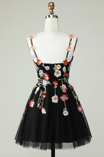 Spaghetti Straps Black A Line Sequin Flowers Homecoming Dress