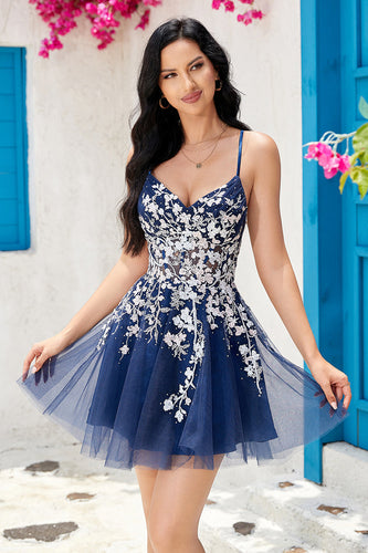 Stylish A Line Navy Spaghetti Straps Homecoming Dress With Criss Cross Back
