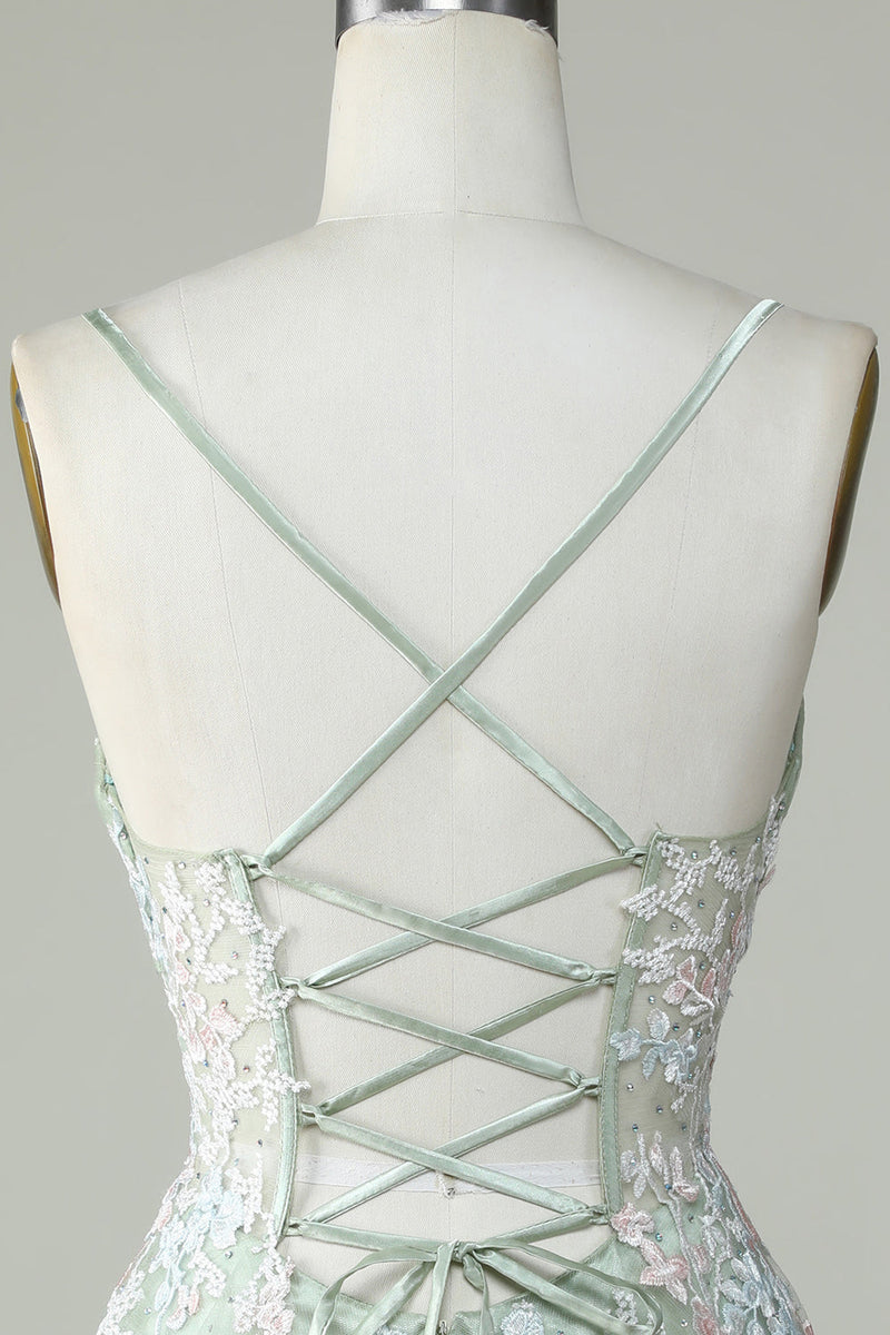 Load image into Gallery viewer, Dusty Sage Spaghetti Straps Homecoming Dress With Criss Cross Back