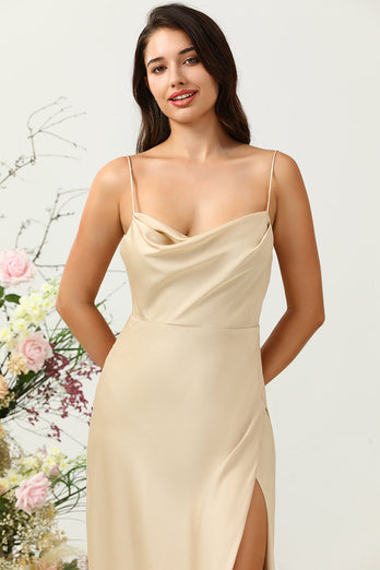 Spaghetti Straps Champagne Wedding Guest Dress with Slit