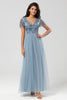 Load image into Gallery viewer, Confidently Charismatic A Line V Neck Dusty Blue Long Bridesmaid Dress with Beading