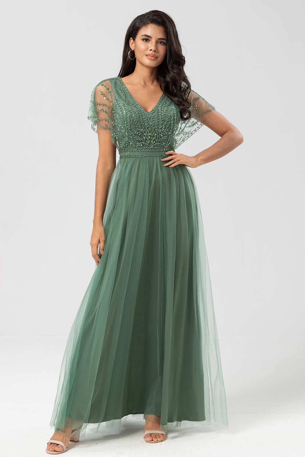 ZAPAKA Women Beaded Green Bridesmaid Dress with Sequins Tulle A-Line Wedding Guest Dress ZAPAKA UK ZAPAKA Women Beaded Green Bridesmaid Dress with Sequins Tulle A-Line Wedding Guest Dress ZAPAKA UK