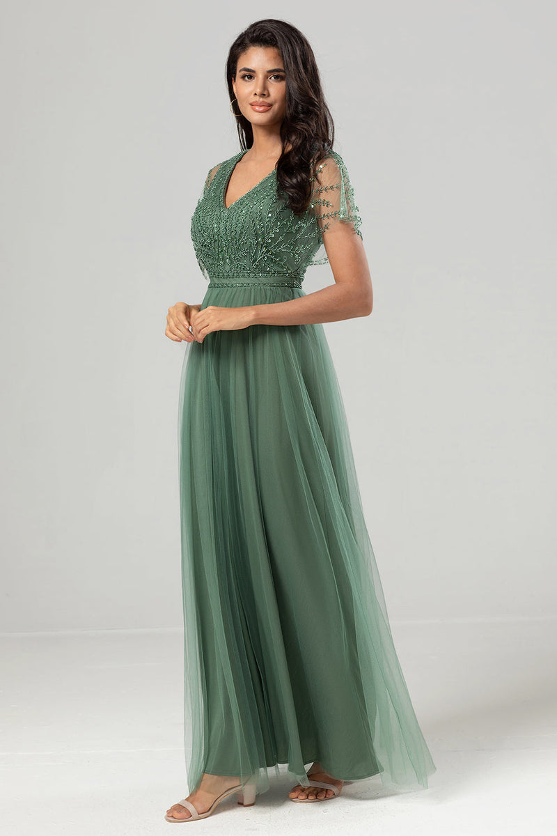 Load image into Gallery viewer, A-Line V Neck Green Long Bridesmaid Dress with Beading