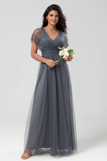 A-Line V Neck Green Long Bridesmaid Dress with Beading