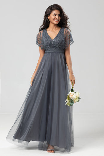 A-Line V Neck Green Long Bridesmaid Dress with Beading
