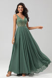 Confidently Charismatic A Line V Neck Green Long Bridesmaid Dress with Beading