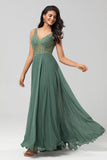 Confidently Charismatic A Line V Neck Green Long Bridesmaid Dress with Beading