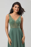 Confidently Charismatic A Line V Neck Green Long Bridesmaid Dress with Beading