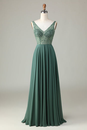 Confidently Charismatic A Line V Neck Green Long Bridesmaid Dress with Beading