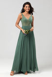 Confidently Charismatic A Line V Neck Green Long Bridesmaid Dress with Beading