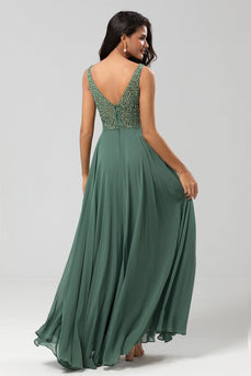 Confidently Charismatic A Line V Neck Green Long Bridesmaid Dress with Beading