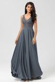 Confidently Charismatic A Line V Neck Green Long Bridesmaid Dress with Beading