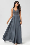 Confidently Charismatic A Line V Neck Green Long Bridesmaid Dress with Beading