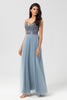 Load image into Gallery viewer, Chic Romantic A Line Spaghetti Straps Dusty Blue Long Bridesmaid Dress with Beading