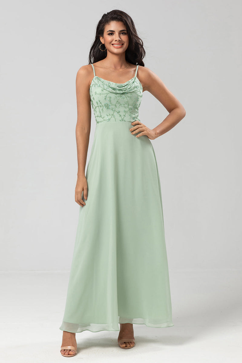 Load image into Gallery viewer, Certifiably Chic A Line Spaghetti Straps Dusty Pink Long Bridesmaid Dress with Beaded