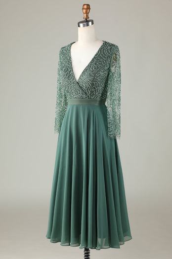 A Line Green V-Neck Beaded Long Sleeves Mother Of the Bride Dress